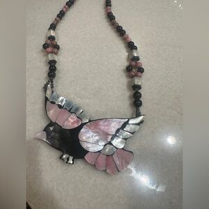 Vintage Lee Sands Pink and Black Bird  mother of pearl  statement Necklace